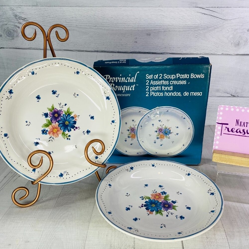 80's JMP Marketing PROVINCIAL BOUQUET Flowers Stoneware Soup Pasta Bowls Set 2